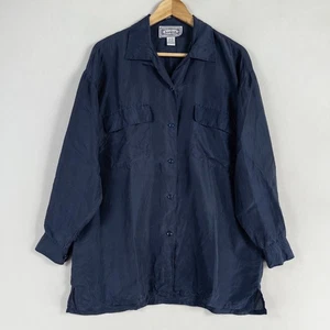 Camisa Bonjour vintage para mujer mediana azul marino seda botones cuello bolsillos - Imagen 1 de 8