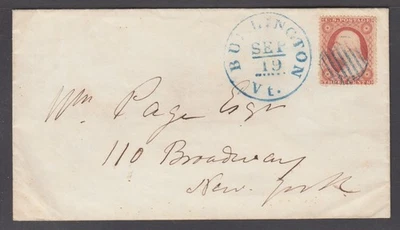 US Sc 26 on 1859 cover, 31mm blue BURLINGTON, VT cds, to NEW YORK, flap faults - Image 1 of 2