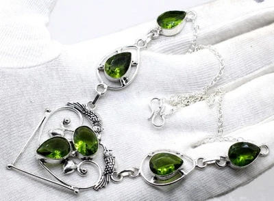 Green Peridot Gemstone 925 Sterling Silver Jewelry Necklace Size-17-18" - Image 1 of 4