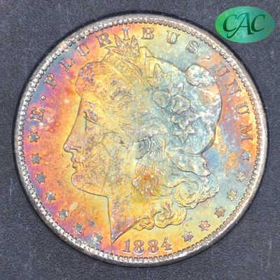 1884-CC $1 Morgan Silver Dollar GSA NGC MS62 CAC - Gorgeous Rainbow Toning - Image 1 of 4