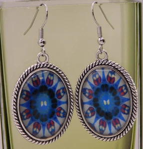 Vintage Style Pierced Earrings, Glass, Dark Blue/ White/Red, 1" - Picture 1 of 1