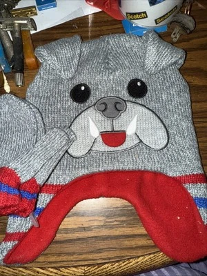 Conjunto de 2 peças de chapéu cinza Healthtex com rosto de cachorro com luvas cinza - Imagem 1 de 2