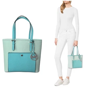 Michael Kors Jet Set Medium Snap Pocket Tote Celadon/Azure Aqua Blue NWT - Picture 1 of 15