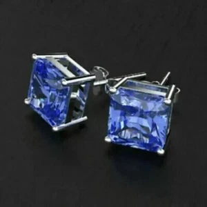 2CT Princess Cut Blue Tanzanite Women's Gift Stud Earring 14K White Gold Plated - Picture 1 of 4
