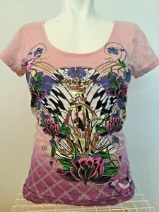 Christian Audigier T-shirt Small Metallic Scoop Neck Logo Print Ed Hardy Y2K org - Picture 1 of 10