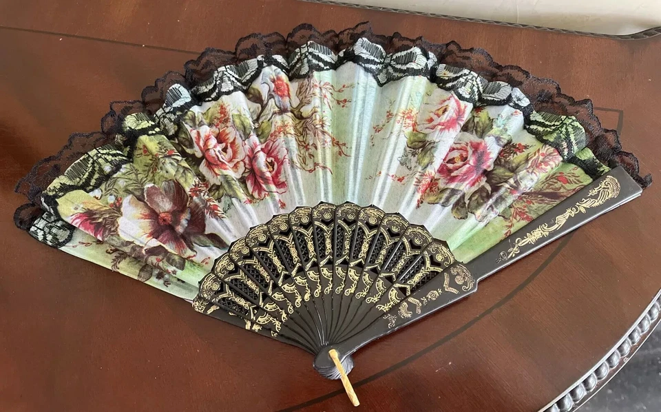 Chinese Style Floral Feng Shui Decorative Vintage Dance Folding Fan L-10" - Image 1 of 1