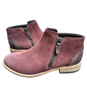 Clarks Artisan Maypearl Juno Burgundy Suede Ankle Boots Stacked Heel Size 6. - Picture 1 of 11