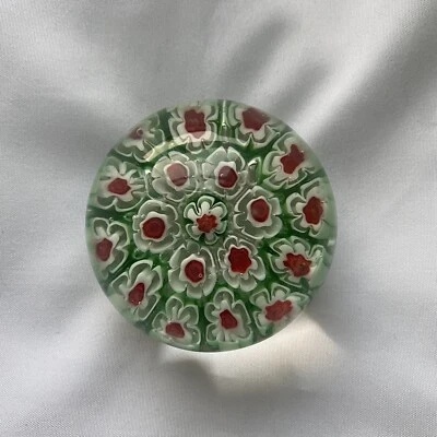 Vintage Art Glass Millefiori Paperweight Red White Green 19 Canes Flowers 2" - Image 1 of 4