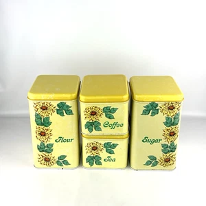 Vtg Cheinco Metal Kitchen Canister Set of 4 Farmhouse Yellow with Floral Design - Picture 1 of 18
