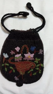 Antique Beaded Bag With Basket of Flowers Drawstring, Silk Lined - Picture 1 of 6