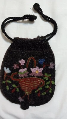 Antique Beaded Bag With Basket of Flowers Drawstring, Silk Lined - Image 1 of 4