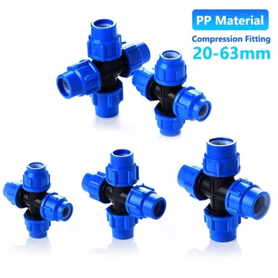 PP Fitting Kreuz 4-Wege Klemmverbinder PE Rohr Verschraubung Kupplung ID 20-63mm - Bild 1 von 4