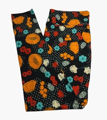 LuLaRoe Leggings TC Tall Curvy Floral BLACK ORANGE Autumn Fall Flower POPPY Dot - Image 1 of 4