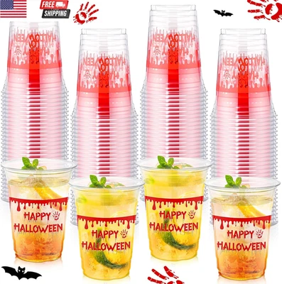100 Pcs Halloween Plastic Cups 16 Oz Clear Disposable Blood Print Halloween Cups - Image 1 of 4