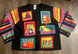 Fisher Hill Womens Square Pattern Cat Cardigan Whimsical Sweater Sz XL - Picture 1 of 5