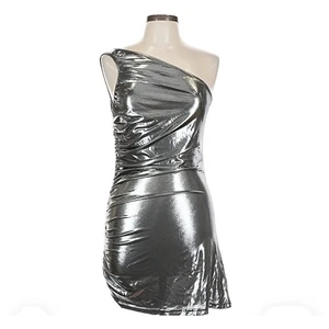 CIDER Plateado Un Hombro Acanalado Metálico Fiesta Mini Vestido Disfraz Para Mujer L - Imagen 1 de 7