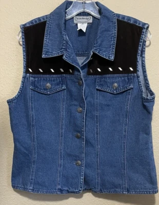 Colete jeans vintage Stonebridge azul marrom tamanho 12 botões prata média rodeio ocidental - Imagem 1 de 4