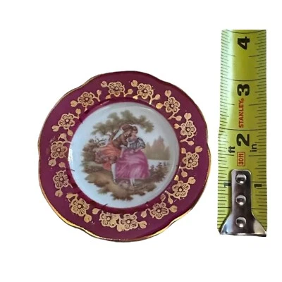 Limoges Miniature Plate Fragonard Couple Courting Cranberry & Gilt Vintage 3” - Image 1 of 4