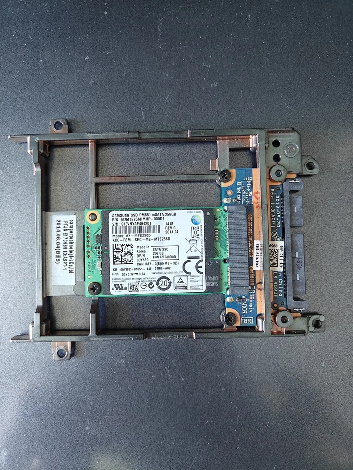 Dell Drive Caddy JHYT1 w/SSD MZMTE256HMHP 256GB Samsung PM851  mSATA SSD Drive - Image 1 of 3