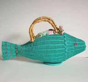 Vintage Wicker Animal Novelty purse 1950s Fish With Lilly Pulitzer lining - Picture 1 of 9