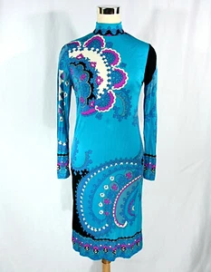 Vintage Leonard Fashion Paris Silk Jersey High Neck Psychedelic Dress Aqua M - Picture 1 of 11