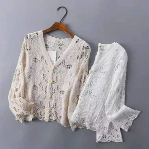 Women Hollow Out Sheer Cardigan Top Crochet Floral Sweater Button Lace Retro - Picture 1 of 17