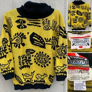 Vintage Contempo Casuals Yellow Black Acrylic Sweater Geometric Animals 1980s S - Picture 1 of 12