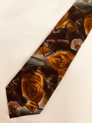 Surrey Floral Roses Gold Black Brown Silk Necktie - Image 1 of 3