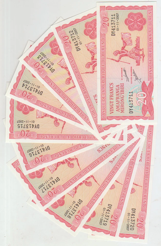 Lot 10 pcs Burundi 20 Francs 2007 Pick 27 UNC - Image 1 of 1