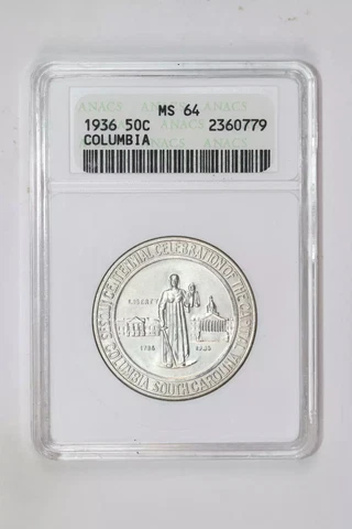 1936 COLUMBIA SILVER COMMEMORATIVE HALF DOLLAR ANACS MS64 Cover