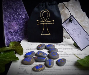 Rune Stones Egyptian Oracle  Wicca Pagan Witchcraft Divination Ankh Bag Runes - Picture 1 of 5
