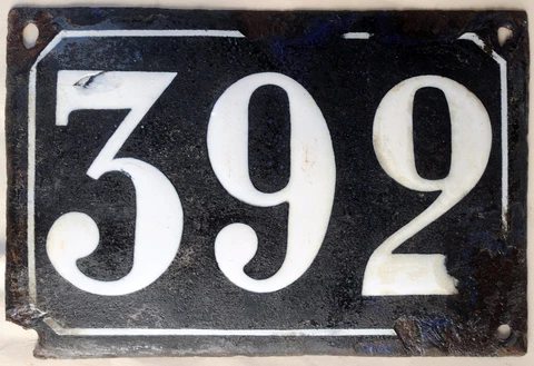 Large old black French house number 392 door gate plate plaque enamel metal sign Cover
