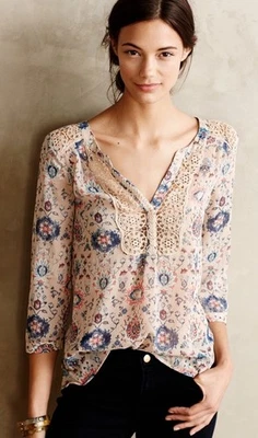 Blusa Boho Crochet Maeve Anthropologie Talla 10 Azul Tostado Floral Foto 1 de 4