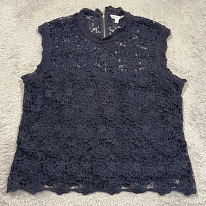 Nanette Lepore Sleeveless Blouse Women’s XL Navy Blue Lace Lined Back Zip - Picture 1 of 13