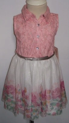 Girls Little Lass 2 Pc Peach Lace Floral Sparkle Western Dress with Belt 4T - Image 1 of 3