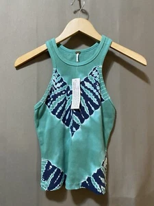 NWT YFB Women Iggy Sleeveless Racer Back Rib Cotton Top SZ XS Teal Navy Tie Dye - Picture 1 of 12