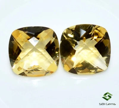 Certified Natural Citrine Cushion Checker Cut Pair 12x12 mm Faceted Loose Gems - Image 1 of 4