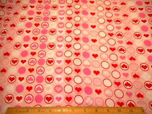 Valentines Day Fabric 1 1/8 Yard Red Pink Wht Hearts Circles Lt Pink Cotton #C - Picture 1 of 2