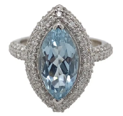 2.57 Carat Marquise Aquamarine With Pave Set Cubic Zirconia Ring In 935 Silver - Image 1 of 4
