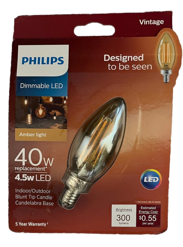 Philips LED Vintage Light Bulb Dimmable E12 Candelabra Base 300 Lum Amber 40W - Image 1 of 4