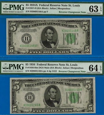 1934 1934A $5 Federal Reserve Note PMG 64EPQ changeover pair Fr 1957-H 1956-Hm - Image 1 of 2