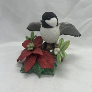 Lenox Porcelain Garden Birds Christmas Chickadee 1997 Poinsettia Small Chip - Picture 1 of 12