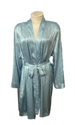 Morgan Taylor Intimates Women XL Satin Blue w/Floral Design Self-Belt Robe - Image 1 of 4