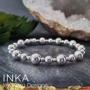 Inka 925 Sterling Silver Plain chunky 8mm beaded Stacking Stretchy Bracelet - Picture 1 of 7