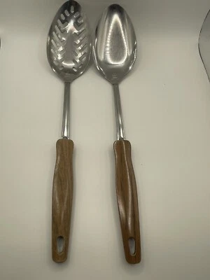 2 cucharas para servir vintage con mango de grano de madera marrón imitación acero inoxidable Ekco 12 pulgadas Foto 1 de 4