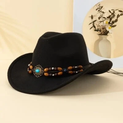Sombrero de vaquero y vaquera negro - ala ancha, correa de cuentas marrón, aspecto retro occidental Foto 1 de 4