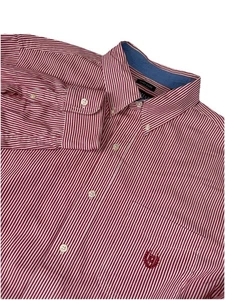 CHAPS Mens Size L Red White Shirt STRIPED Button Down CREST LOGO Preppy - Picture 1 of 9