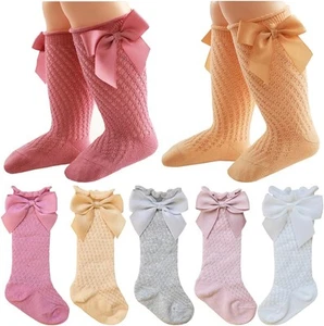 QandSweet Baby Girl Knee-High Socks Toddlers Bow 0-12 Months, Hollow-5 Pairs - Picture 1 of 9