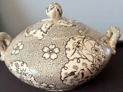 Azúcar C A Brown Transferware con tapa movimiento estético pájaro motivo asiático Foto 1 de 4