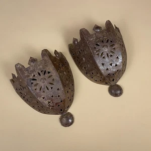 Pair Vintage Metal Wall Sconces Pierced Moroccan Lantern Style Rustic - Picture 1 of 10